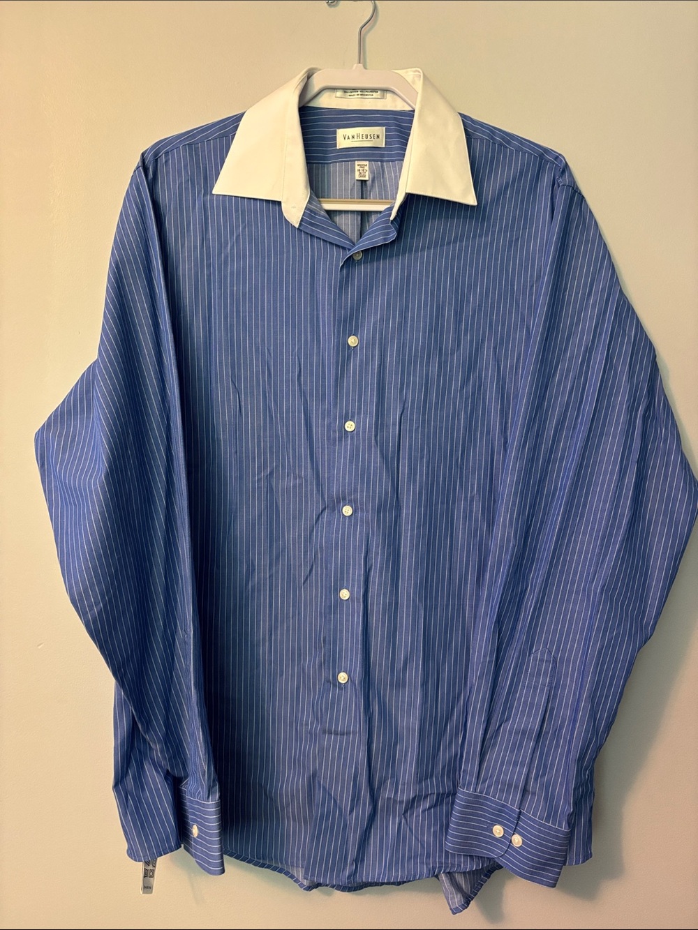 Van Heusen Blue Pinstripe Dress Shirt with White Contrast Collar